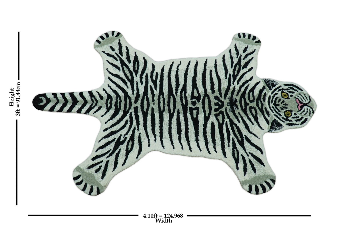 Hand Tufted 3x5 Black And White Animal Tiger Wool Area Rug.