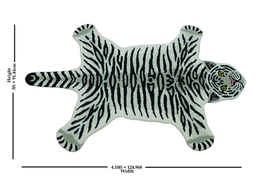 Hand Tufted 3x5 Black And White Animal Tiger Wool Area Rug.