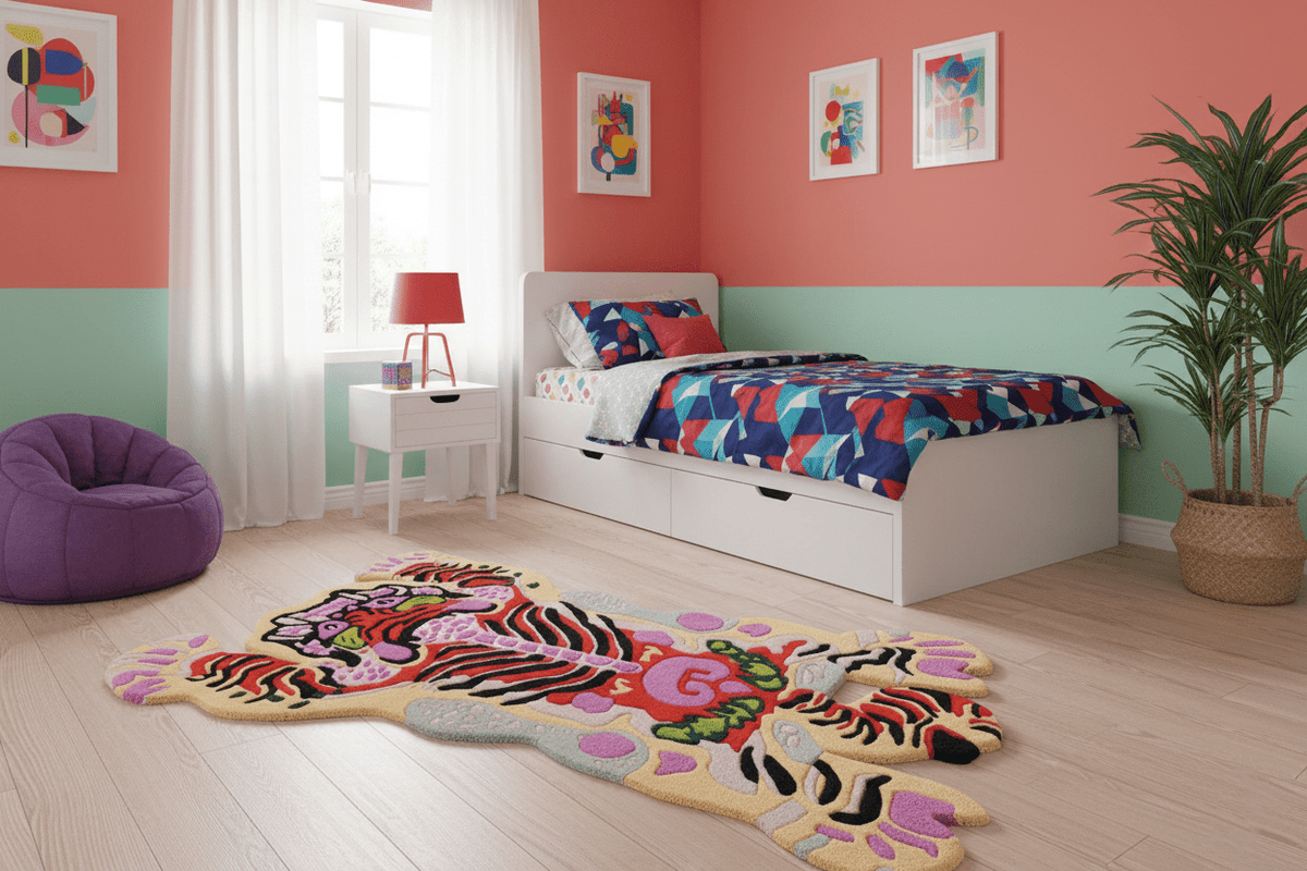 Hand Tufted Animal Tiger Black 3x5 Wool Area Rug.