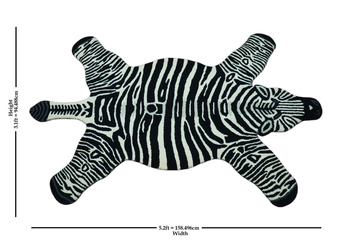 Hand Tufted Animal Zebra Black 3x5 Wool Area Rug.