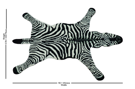 Hand Tufted Animal Zebra White And Black 3x5 Wool Area Rug.
