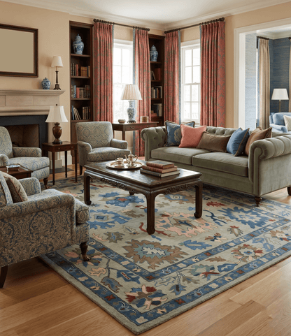Hand Tufted Beige And Blue Traditional Oushak Custom Made wool Area Rug.