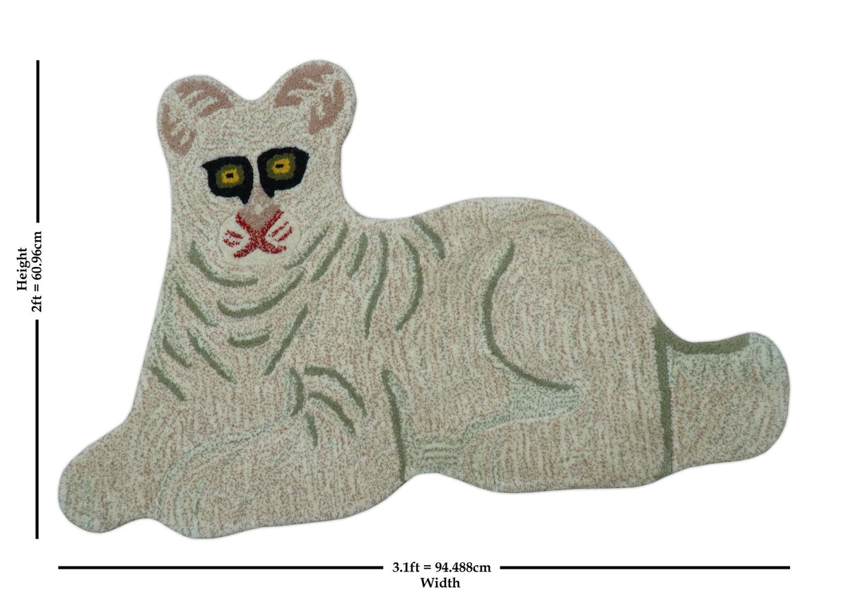 Hand Tufted Beige Animal Tiger 2x3 Wool Area Rug.