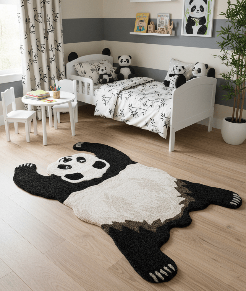 Hand Tufted Black Animal Panda 3x5 Wool Area Rug.