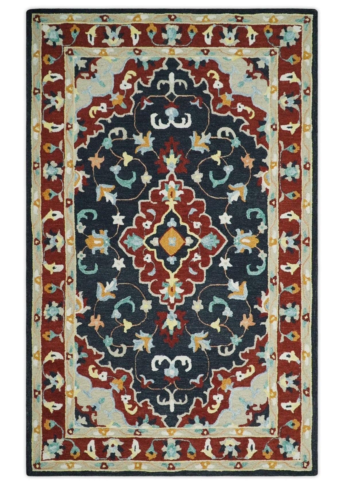 Hand Tufted Black, Rust and Beige Persian Style Wool Area Rug.