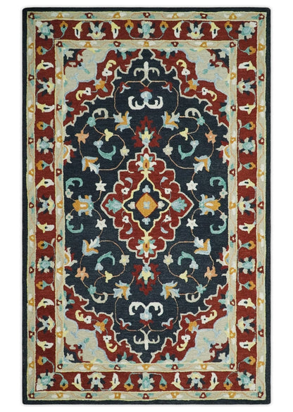 Hand Tufted Black, Rust and Beige Persian Style Wool Area Rug.