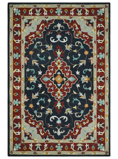 Hand Tufted Black, Rust and Beige Persian Style Wool Area Rug.