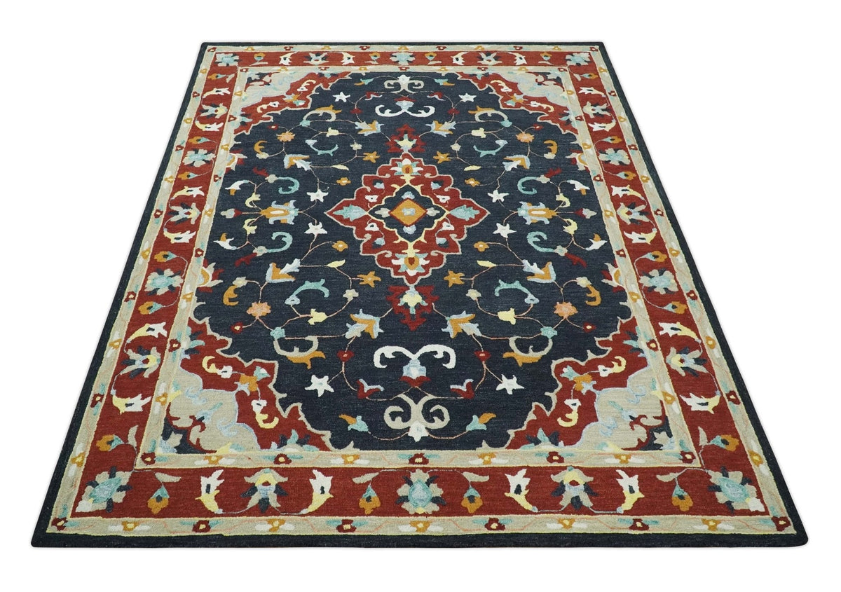 Hand Tufted Black, Rust and Beige Persian Style Wool Area Rug.