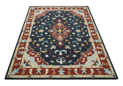 Hand Tufted Black, Rust and Beige Persian Style Wool Area Rug.