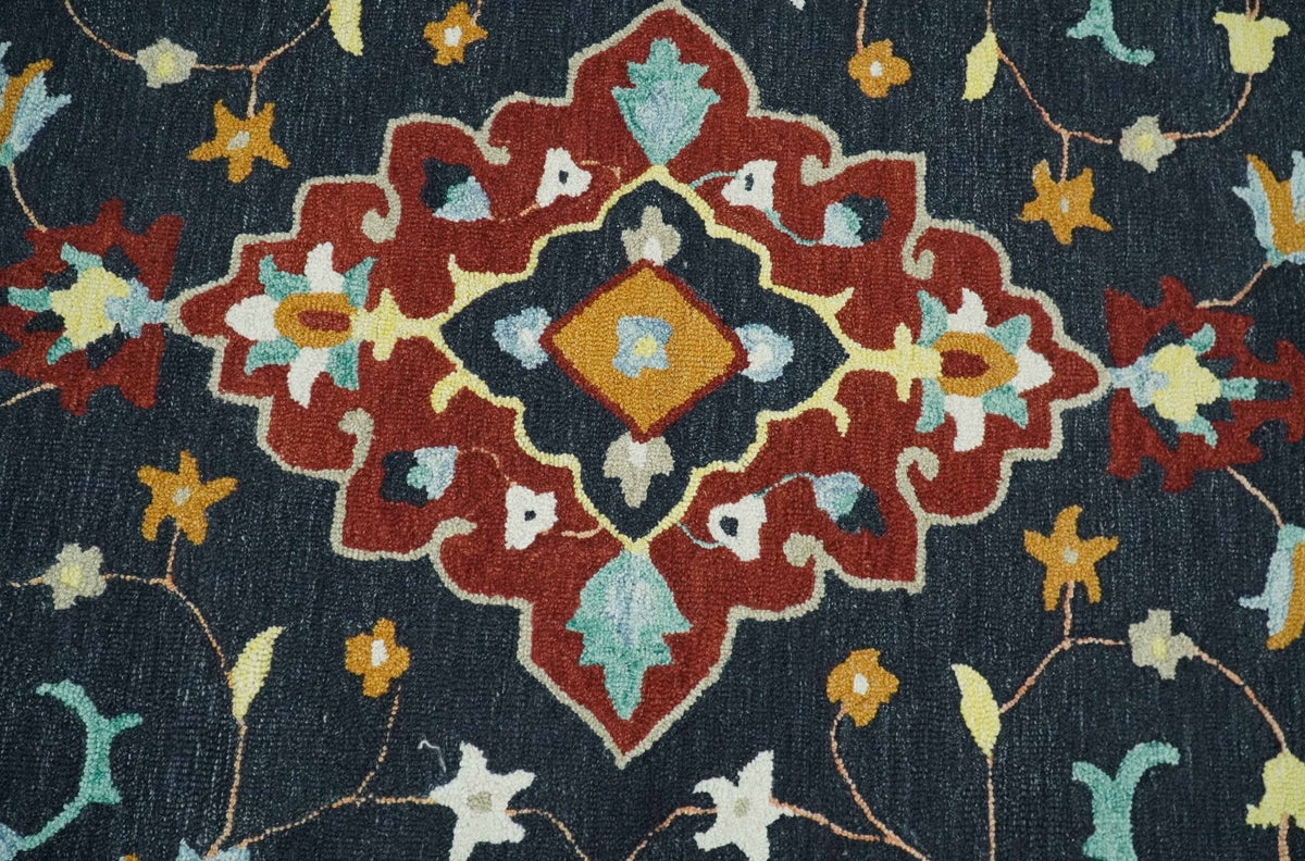 Hand Tufted Black, Rust and Beige Persian Style Wool Area Rug.