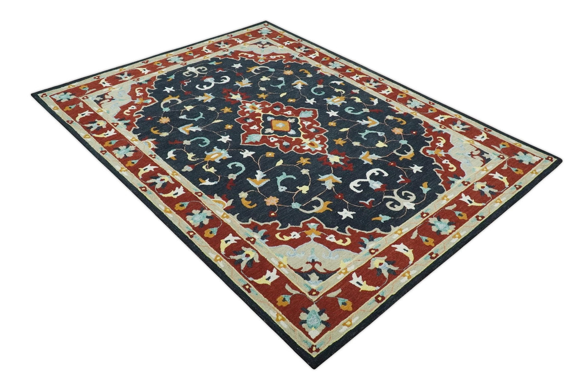 Hand Tufted Black, Rust and Beige Persian Style Wool Area Rug.