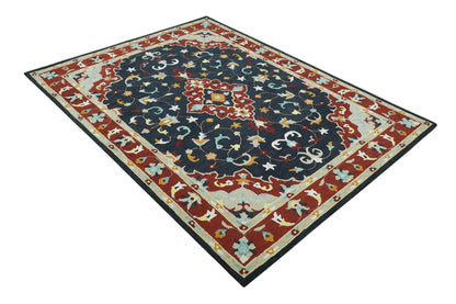 Hand Tufted Black, Rust and Beige Persian Style Wool Area Rug.