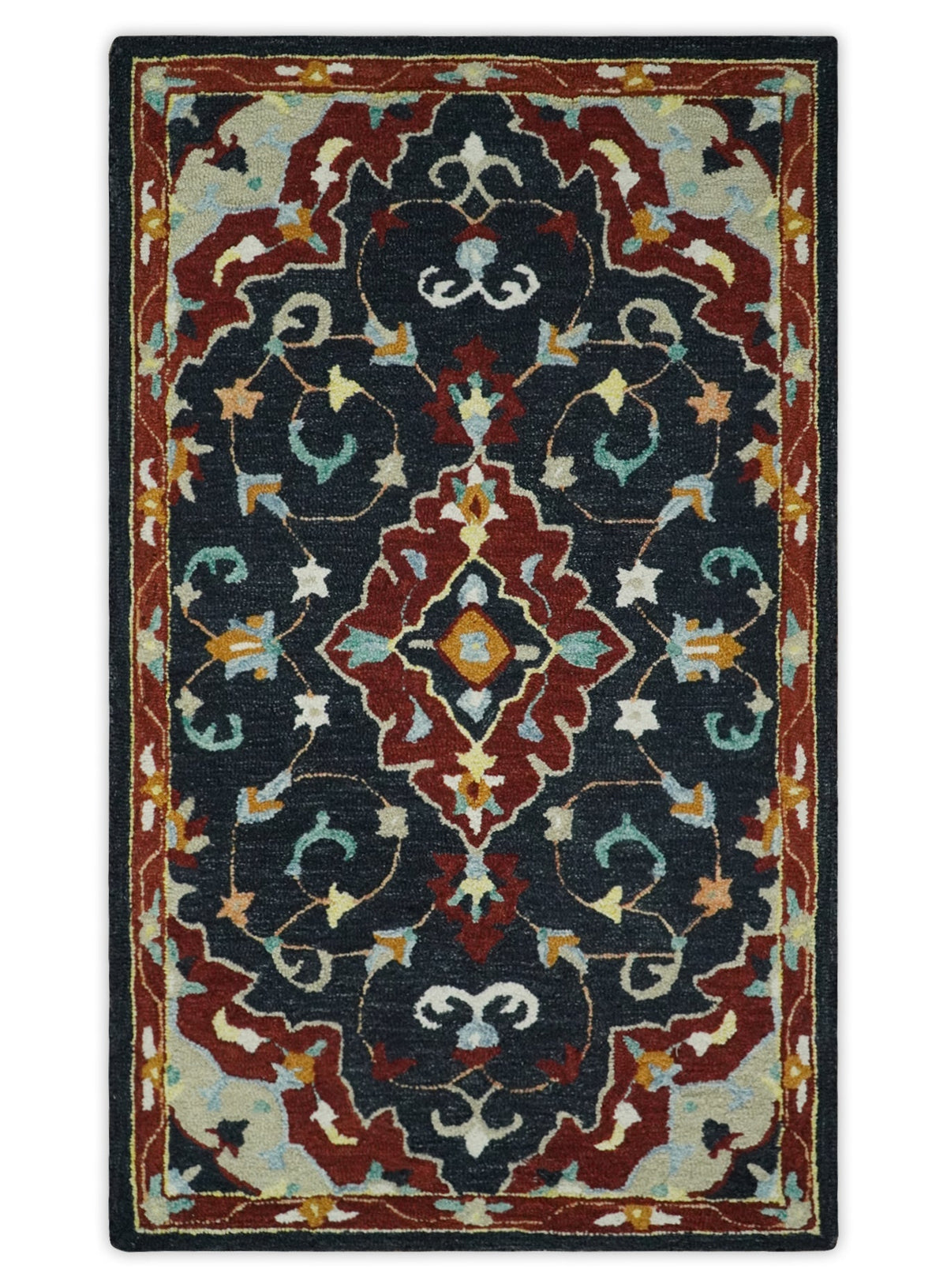 Hand Tufted Black, Rust and Beige Persian Style Wool Area Rug.