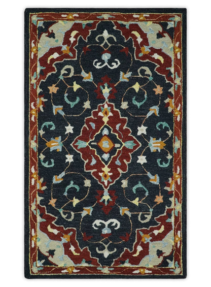 Hand Tufted Black, Rust and Beige Persian Style Wool Area Rug.