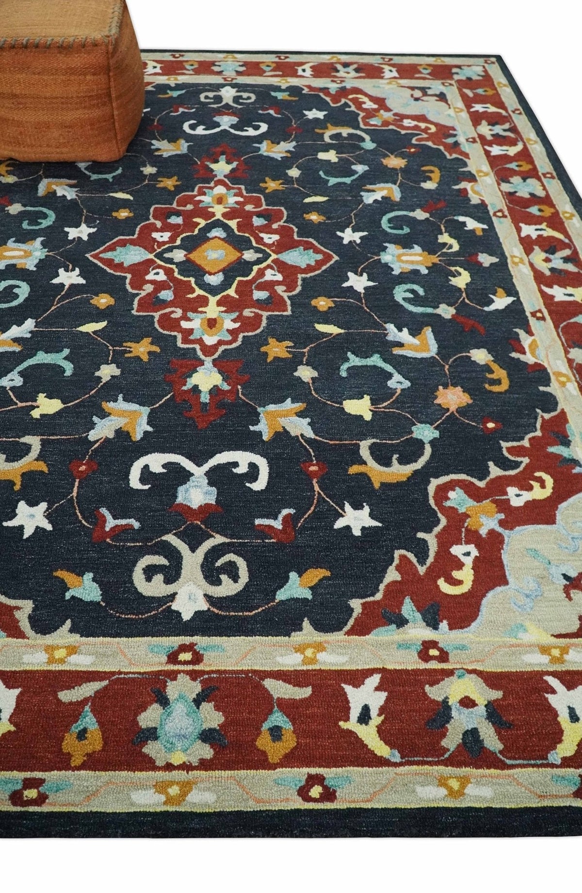 Hand Tufted Black, Rust and Beige Persian Style Wool Area Rug.
