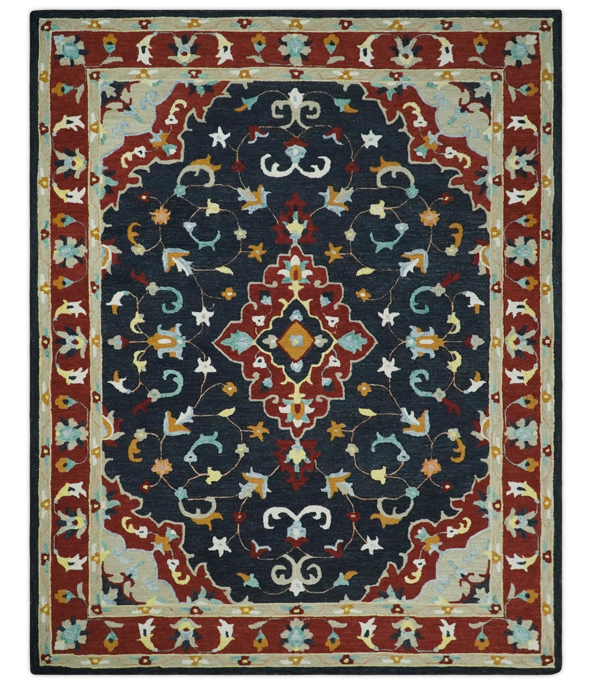 Hand Tufted Black, Rust and Beige Persian Style Wool Area Rug.