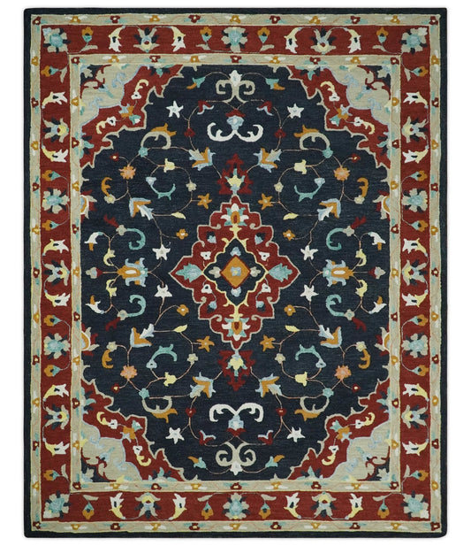 Hand Tufted Black, Rust and Beige Persian Style Wool Area Rug.