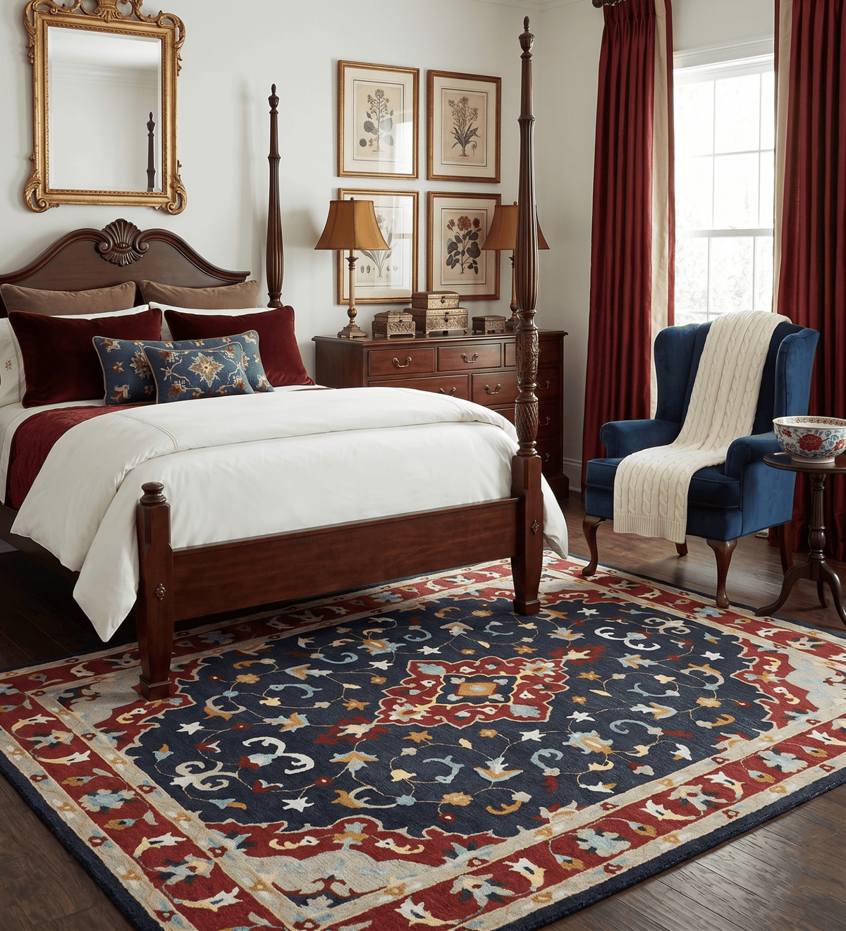 Hand Tufted Black, Rust and Beige Persian Style Wool Area Rug.