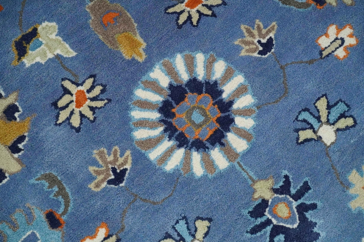 Modern Oushak Blue and Beige Hand Tufted Wool Area Rug.