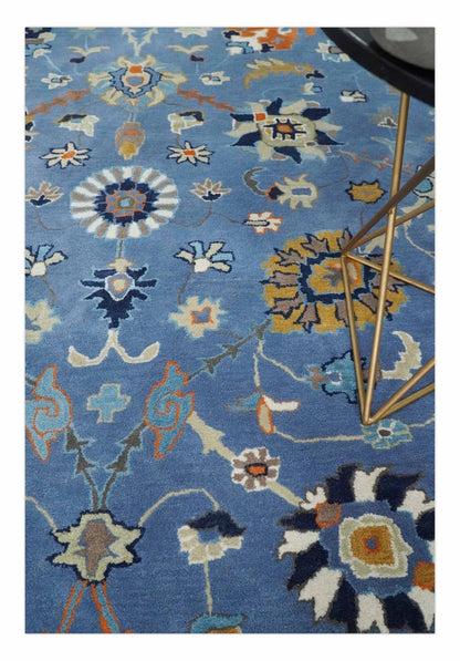 Modern Oushak Blue and Beige Hand Tufted Wool Area Rug.