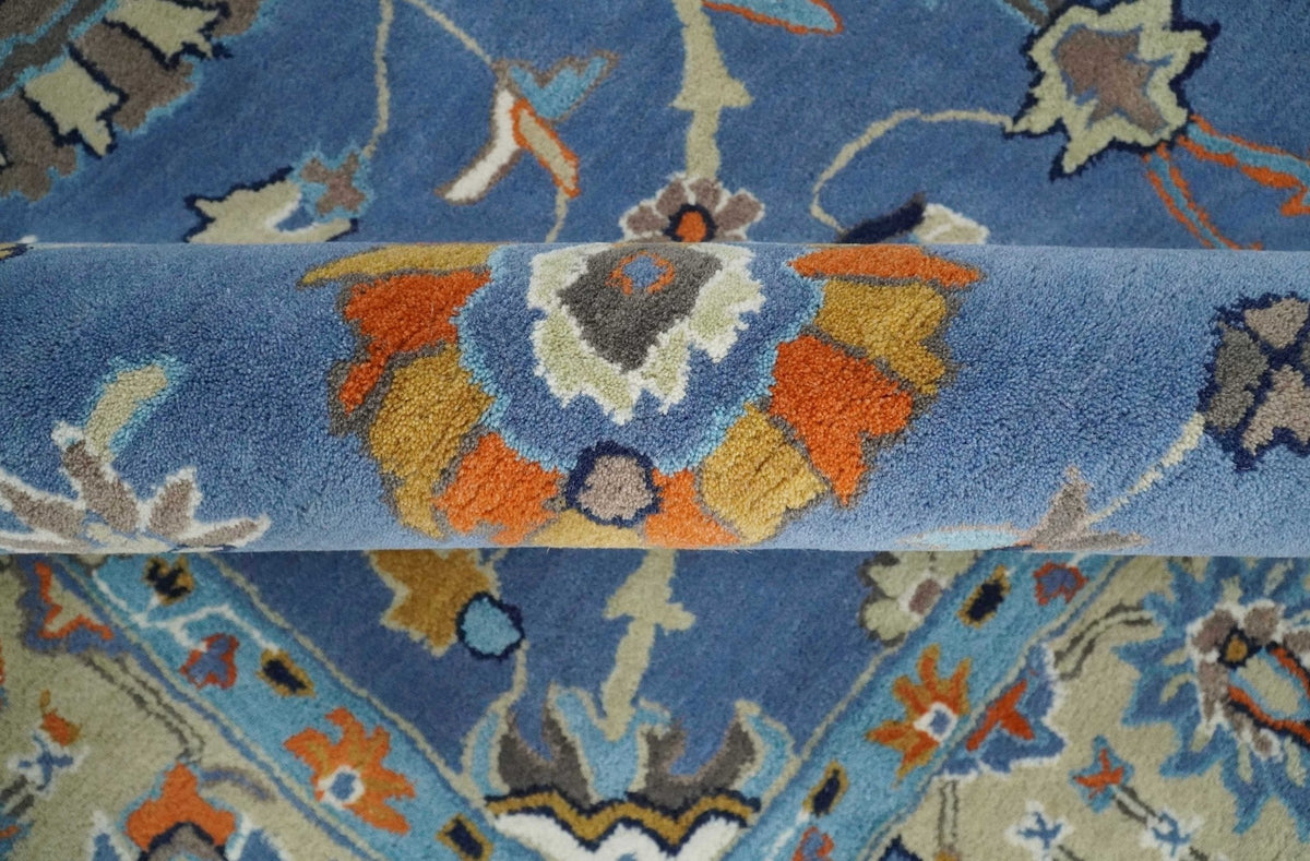 Modern Oushak Blue and Beige Hand Tufted Wool Area Rug.