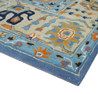 Modern Oushak Blue and Beige Hand Tufted Wool Area Rug.
