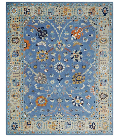 Modern Oushak Blue and Beige Hand Tufted Wool Area Rug.