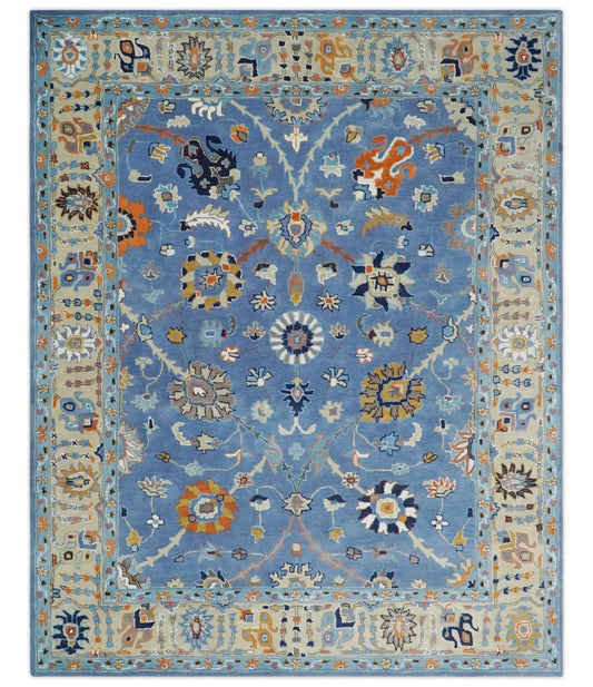Modern Oushak Blue and Beige Hand Tufted Wool Area Rug.