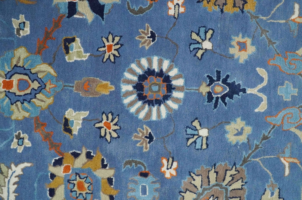 Modern Oushak Blue and Beige Hand Tufted Wool Area Rug.