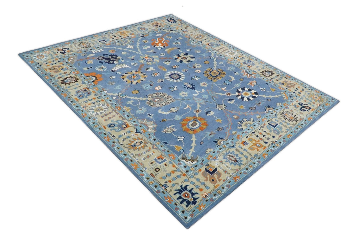 Modern Oushak Blue and Beige Hand Tufted Wool Area Rug.