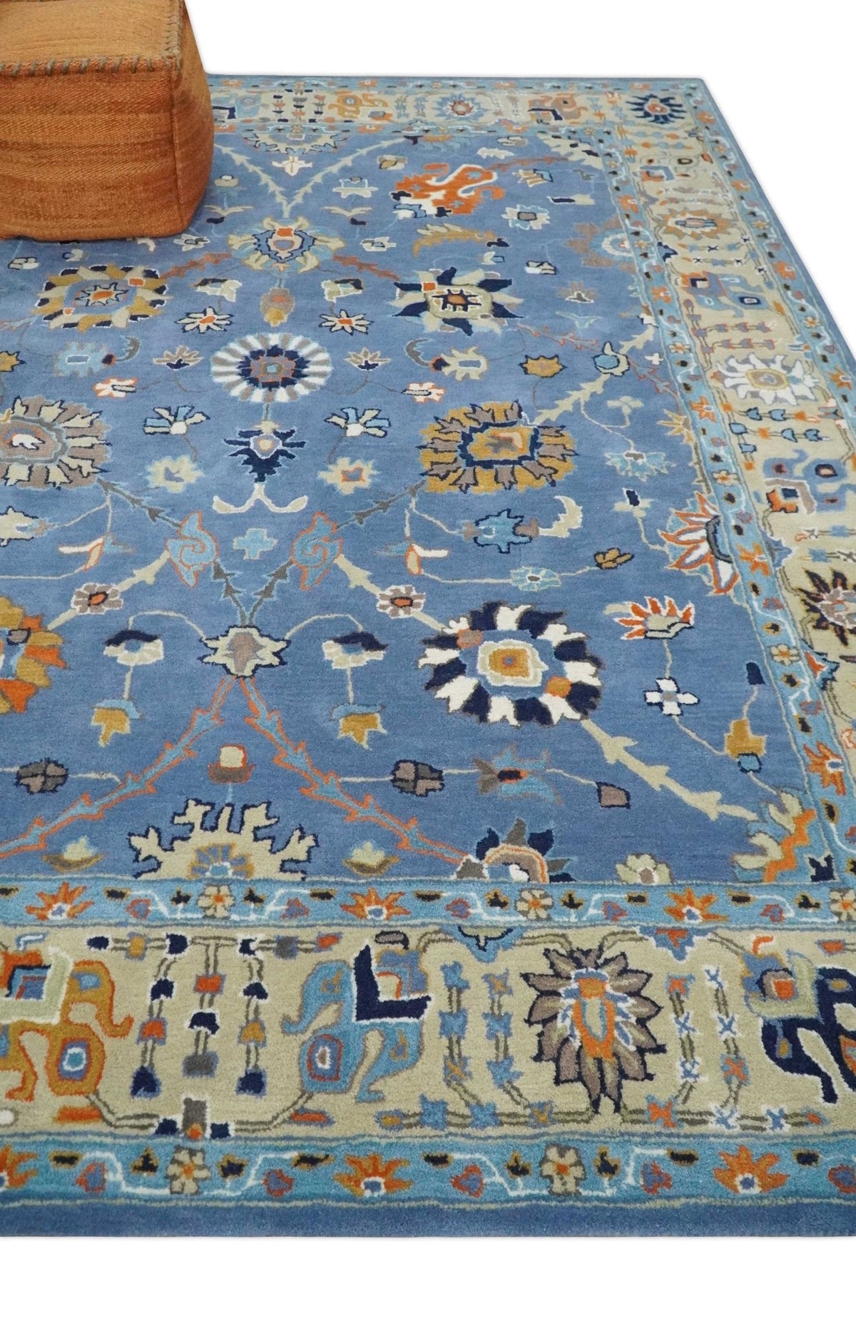 Modern Oushak Blue and Beige Hand Tufted Wool Area Rug.