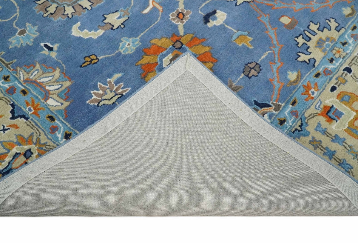 Modern Oushak Blue and Beige Hand Tufted Wool Area Rug.