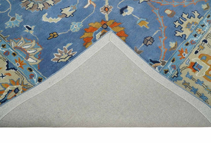 Modern Oushak Blue and Beige Hand Tufted Wool Area Rug.