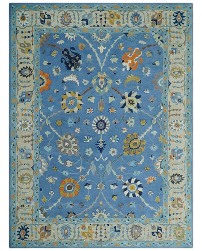 Modern Oushak Blue and Beige Hand Tufted Wool Area Rug.