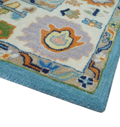 Hand Tufted Blue and Ivory Multi Size Modern Colorful Oushak Rug.