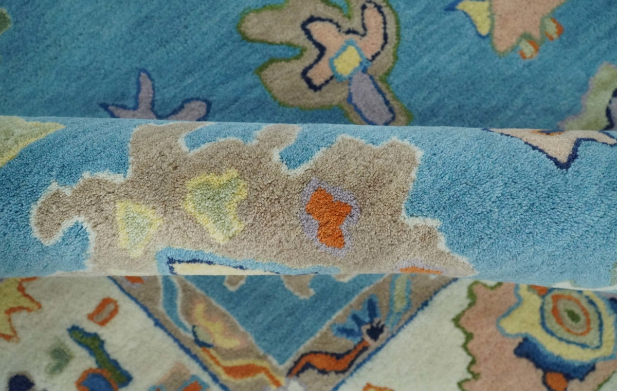 Hand Tufted Blue and Ivory Multi Size Modern Colorful Oushak Rug.