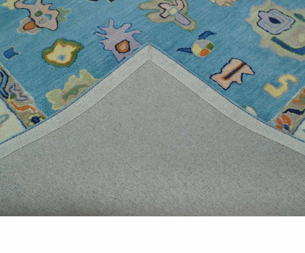 Hand Tufted Blue and Ivory Multi Size Modern Colorful Oushak Rug.