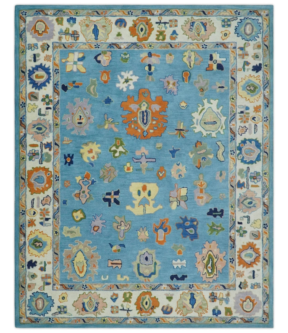 Hand Tufted Blue and Ivory Multi Size Modern Colorful Oushak Rug.