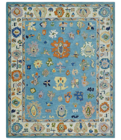 Hand Tufted Blue and Ivory Multi Size Modern Colorful Oushak Rug.