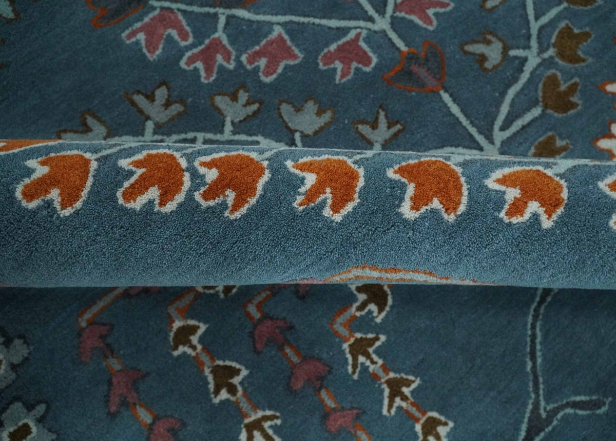 Tree of life Hand Tufted Teal Blue, Brown and Red Traditional Floral Custom Made Wool Area Rug, Kids, Living Room and Bedroom Rug.