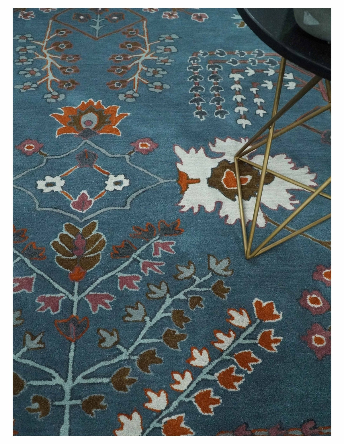 Tree of life Hand Tufted Teal Blue, Brown and Red Traditional Floral Custom Made Wool Area Rug, Kids, Living Room and Bedroom Rug.