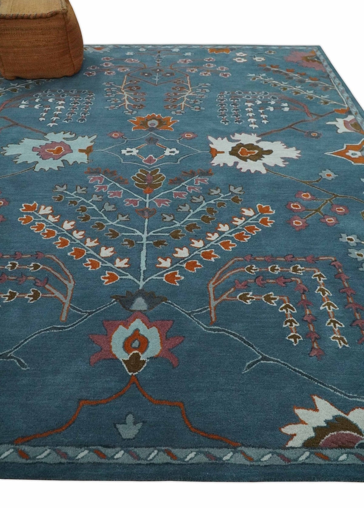 Tree of life Hand Tufted Teal Blue, Brown and Red Traditional Floral Custom Made Wool Area Rug, Kids, Living Room and Bedroom Rug.