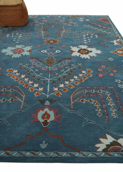 Tree of life Hand Tufted Teal Blue, Brown and Red Traditional Floral Custom Made Wool Area Rug, Kids, Living Room and Bedroom Rug.
