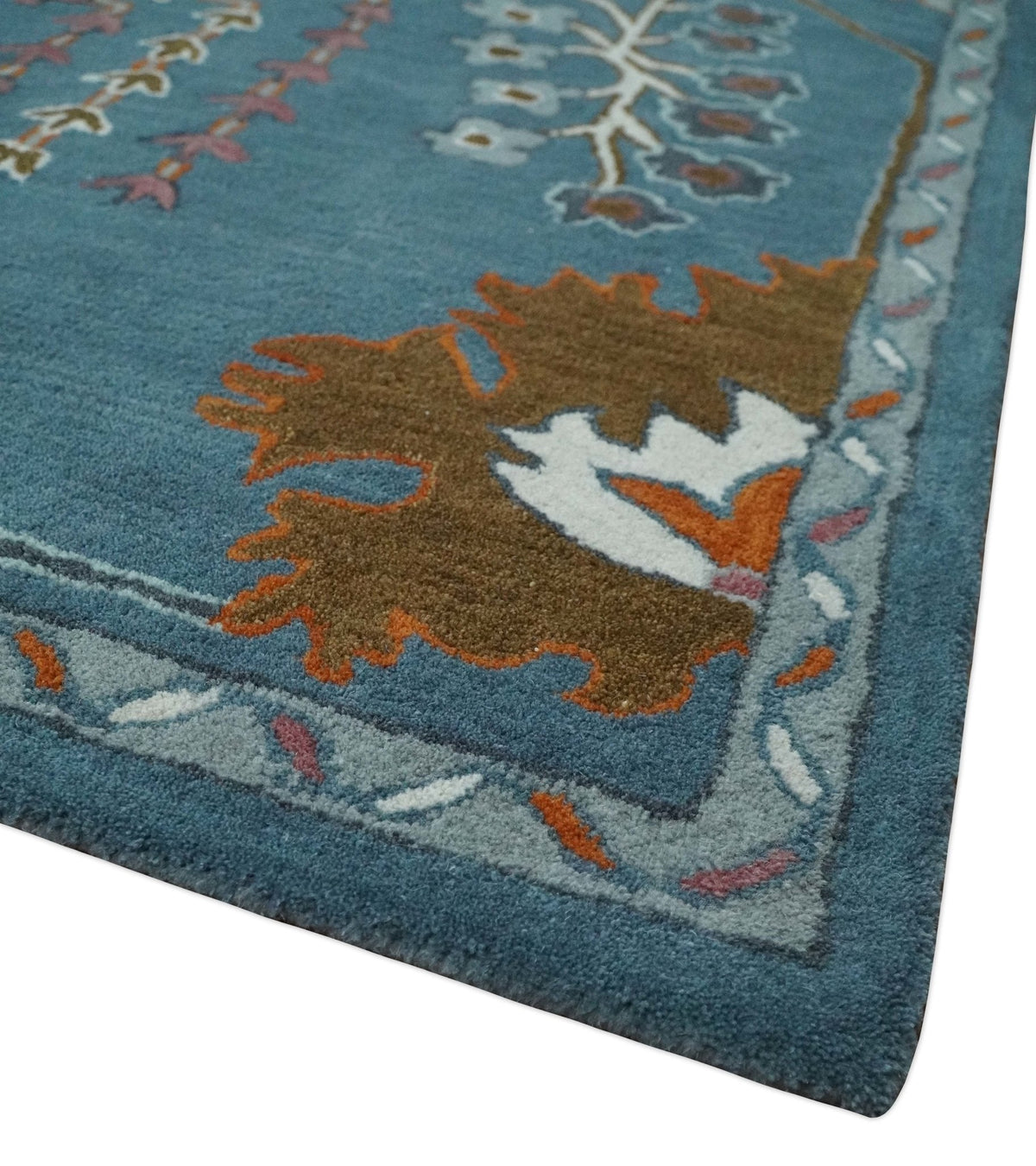 Tree of life Hand Tufted Teal Blue, Brown and Red Traditional Floral Custom Made Wool Area Rug, Kids, Living Room and Bedroom Rug.