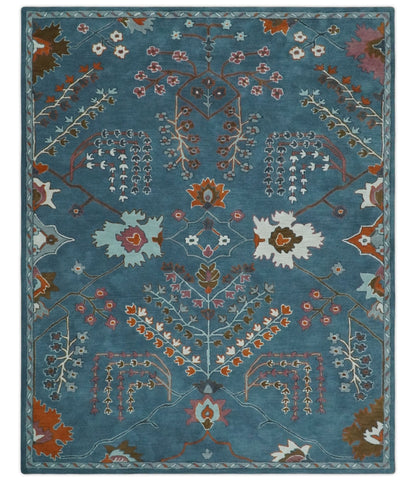 Tree of life Hand Tufted Teal Blue, Brown and Red Traditional Floral Custom Made Wool Area Rug, Kids, Living Room and Bedroom Rug.