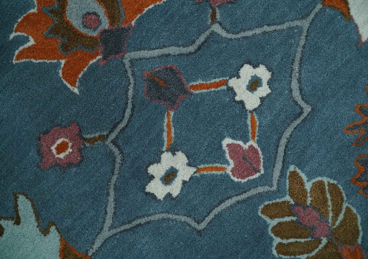 Tree of life Hand Tufted Teal Blue, Brown and Red Traditional Floral Custom Made Wool Area Rug, Kids, Living Room and Bedroom Rug.