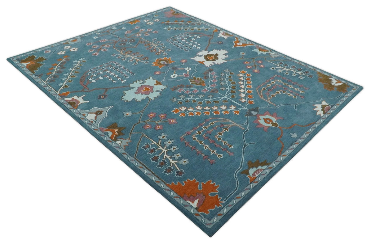 Tree of life Hand Tufted Teal Blue, Brown and Red Traditional Floral Custom Made Wool Area Rug, Kids, Living Room and Bedroom Rug.