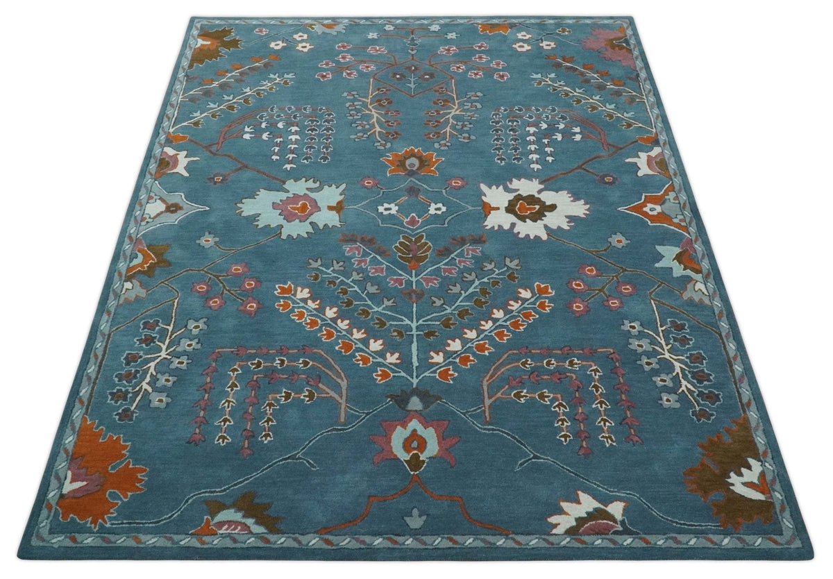 Tree of life Hand Tufted Teal Blue, Brown and Red Traditional Floral Custom Made Wool Area Rug, Kids, Living Room and Bedroom Rug.