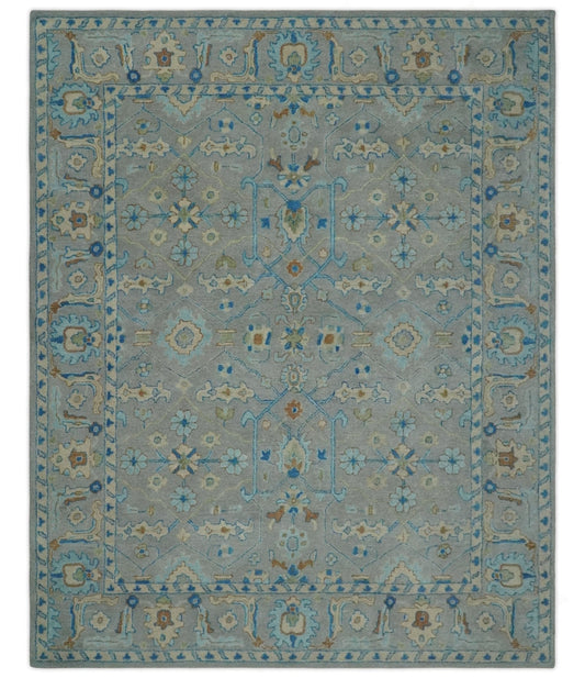 Hand Tufted Gray, Beige and Accent Blue Multi Size 8x10 Traditional Herati Design Wool Rug.