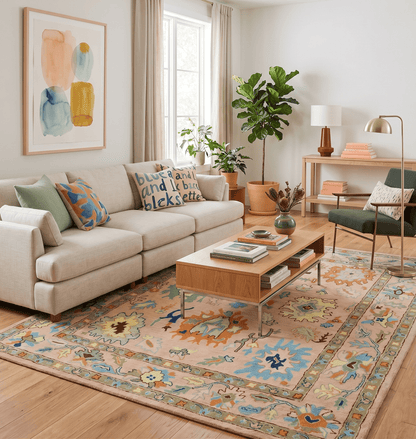 Hand Tufted Pink Peach and Gold Modern Colorful Oushak Rug.